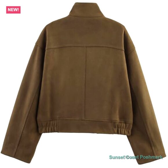 Faux Suede Bomber Jacket Cropped High Neck Zipper Outerwear - Picture 3 of 7
